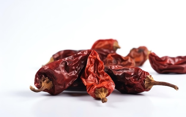 A close up dried smoked chili peppers on a white background ai generated