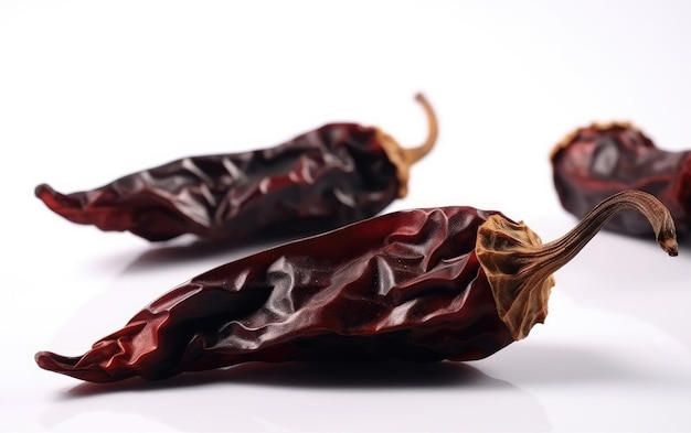 A close up dried smoked chili peppers on a white background ai generated