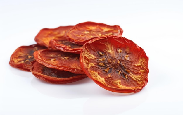 A close up dried smoked tomato slices on a white background ai generated