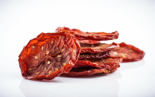 A close up dried smoked tomato slices on a white background ai generated