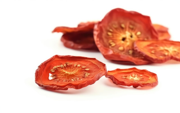 A close up dried smoked tomato slices on a white background ai generated