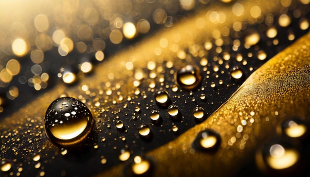 Close up of drops of water gold and black colors shiny background