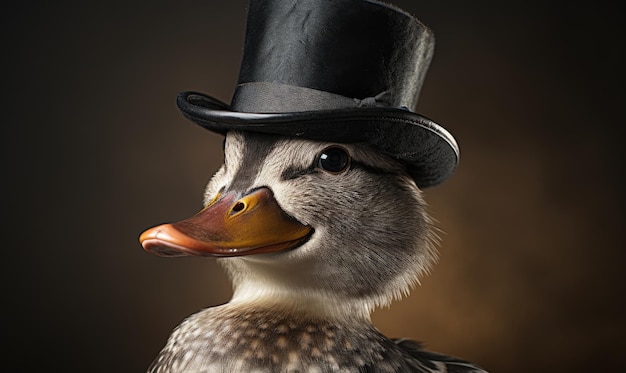 A close up of a duck wearing a top hat