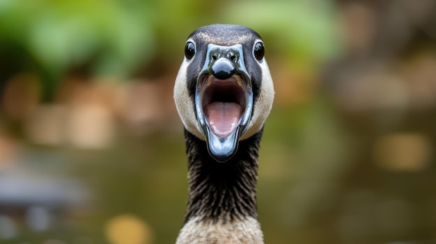 Photo a close up of a duck with its mouth open and tongue out ai