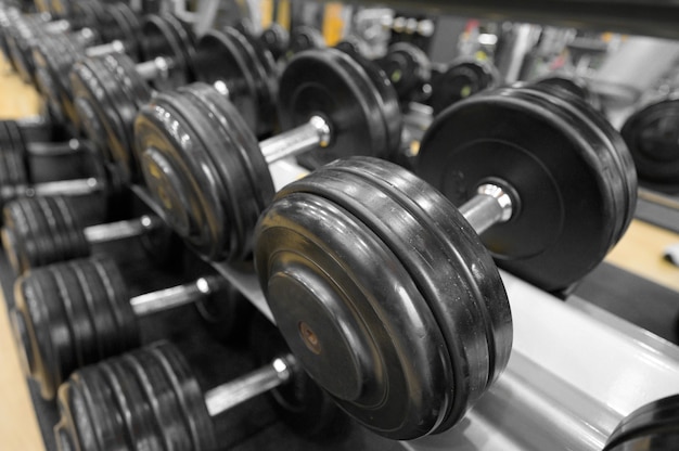 Close up of dumbbells gym interior