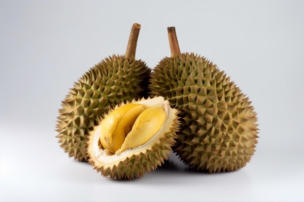 A close up of durian fruit on a white background