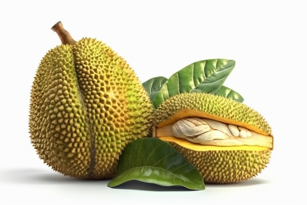 A close up of a durian fruit with leaves on it