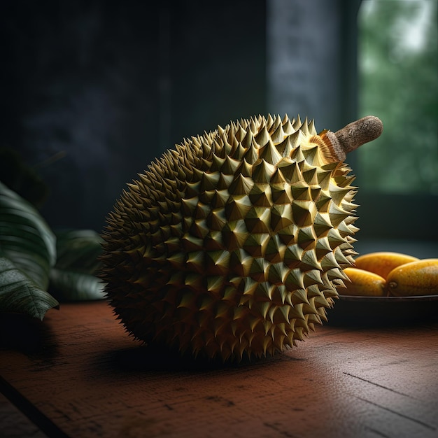 A close up of a durian with a plate of mangoes on it