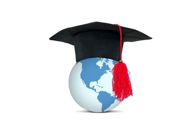 Photo close up of earth planet wearing graduation hat