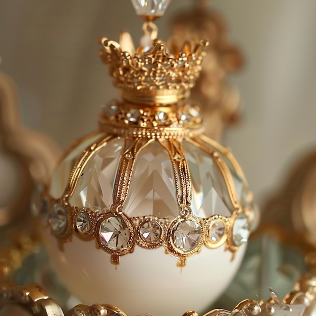 close up of an easter egg with gold crown and clear crystal glass pendant on top