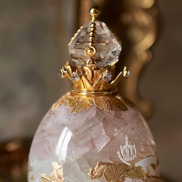 close up of an easter egg with gold crown and clear crystal glass pendant on top