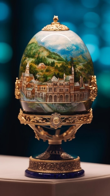 A close up of a egg with a painting of a city on it