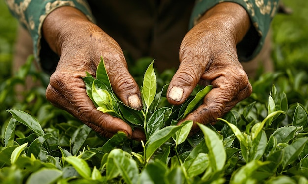 Close up of Elderly Hands Picking Fresh Tea Leaves