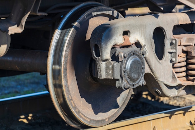 Close-up electric train. bottom view.