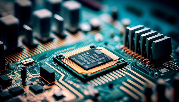 Close up of an electrical circuit board with a CPU a microchip and other electronic components in the background Generative AI