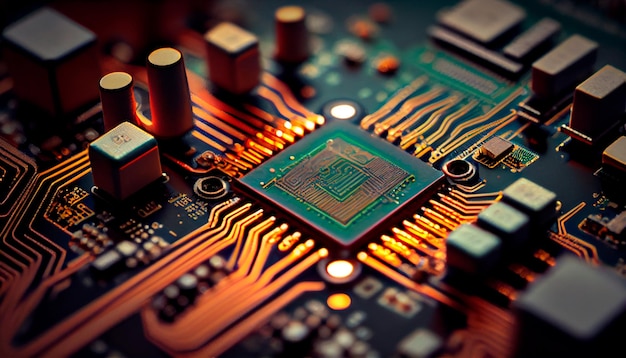 Close up of an electrical circuit board with a CPU a microchip and other electronic components in the background Generative AI