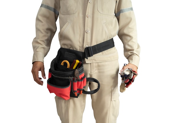 Close-up Electrician uniform with tool belt isolated on white background