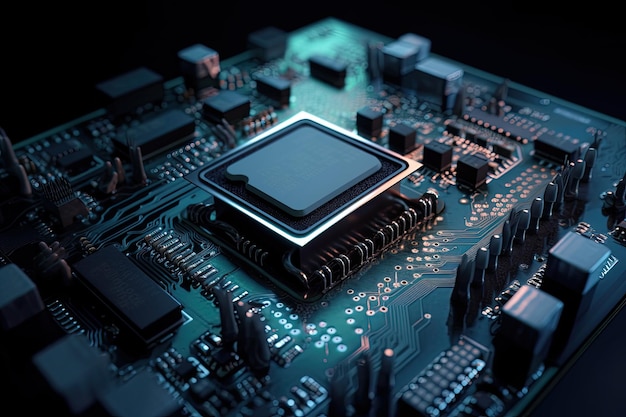 Close up of electronic circuit board with processor 3D rendering Information technology concept with a futuristic motherboard Ai Generated