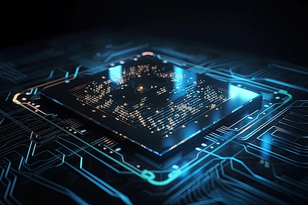 Close up of electronic circuit and microchip 3D Rendering Circuit board hologram with binary digits and tech AI Generated