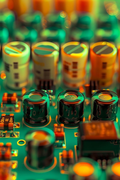 Photo a close up of electronic components on a green circuit board