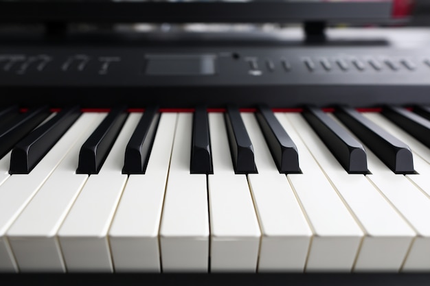 Close-up of electronic musical instrument with white and black keys. Detailed pianoforte with different button for creating composition. Music, art and playing piano concept