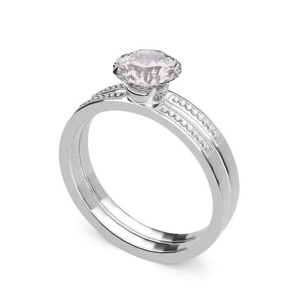 Close up of elegant diamond ring on white background 3D render