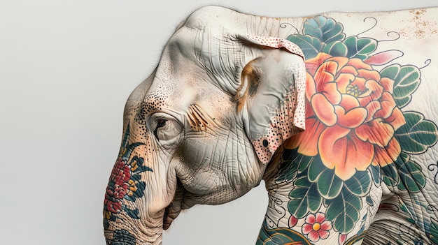 A close up of an elephant with colorful floral tattoos on its skin