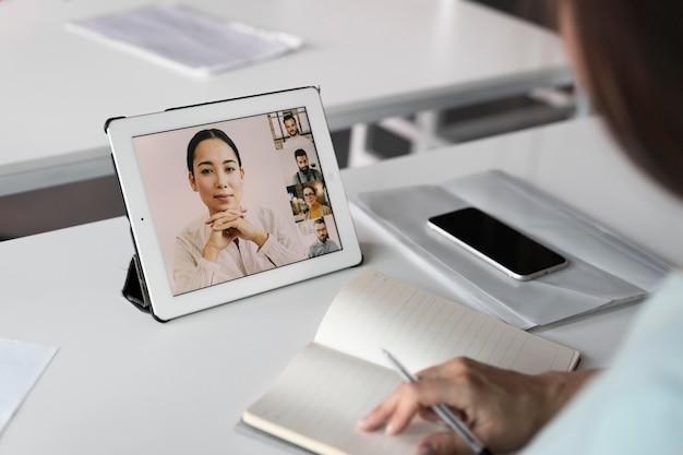 Close up employee with tablet