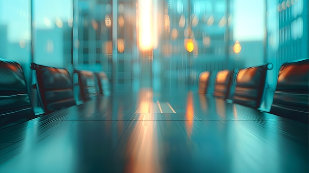 Close up of an empty conference table in the foreground with blurry background showing large glass w