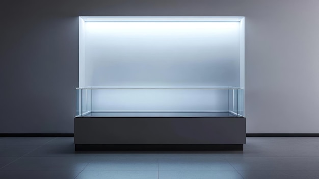 Photo close up of empty lighted glass display case with mock up space on white wall background ai generated image