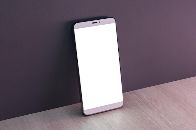 Close up of empty white cellphone on dark wall and wooden surface background Mobile app concept 3D Rendering