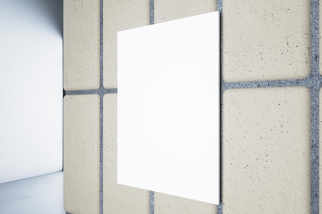 Close up of empty white underground banner on concrete tile wall on hallway backdrop 3D Rendering