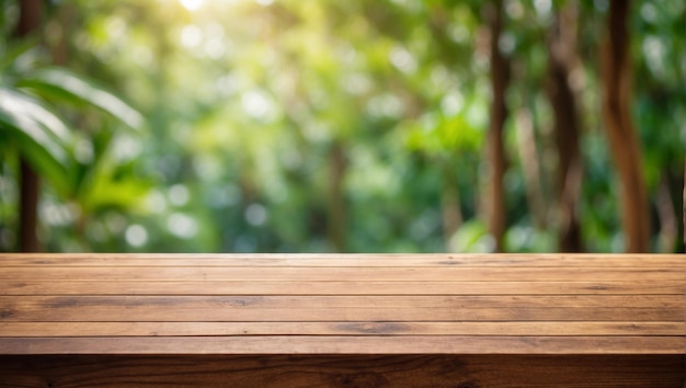 close up empty wooden desk with blurred background of tropical forest