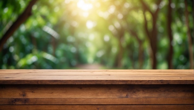 close up empty wooden desk with blurred background of tropical forest