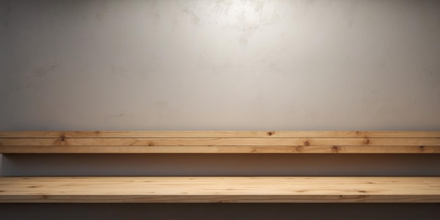 Photo close up of an empty wooden shelf on a concrete wall