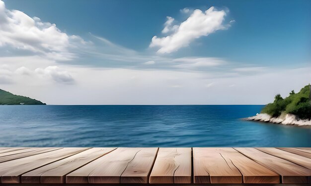 Close up empty wooden table tropical sea background Copy space Outdoor nature backdrop