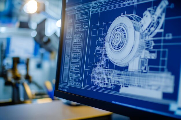 Close up of engineer s computer screen showcasing intricate 3d mechanical design and blueprints