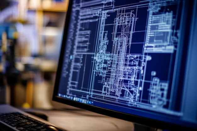 Photo close up of engineer s computer screen with detailed blueprints and 3d mechanical design software