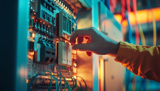 Photo close up of engineer testing voltage at circuit breaker in main power distribution board