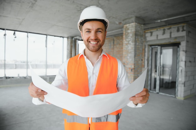 Close up engineers working on a building site holding a blueprints.Engineering and architecture concept