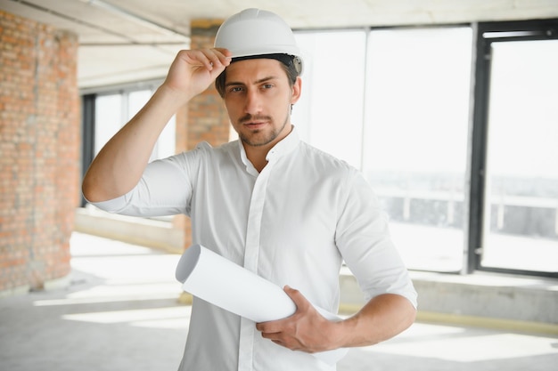 Close up engineers working on a building site holding a blueprintsEngineering and architecture concept