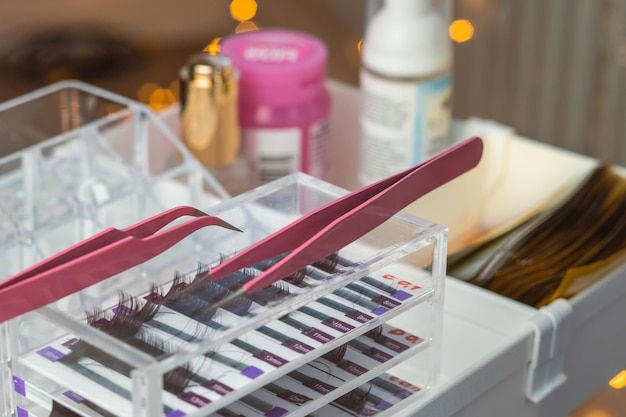 Close up of equipment for eyelash extensions in beauty salon