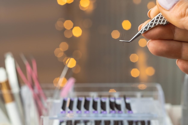 Close up of equipment for eyelash extensions in beauty salon