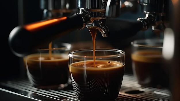 Close up of espresso pouring from coffee machine with generative ai