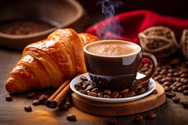 Close up espresso with croissant and coffee seeds