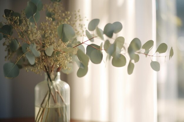 A close up of eucalyptus leaves in a vase in the style of muted and subtle tones