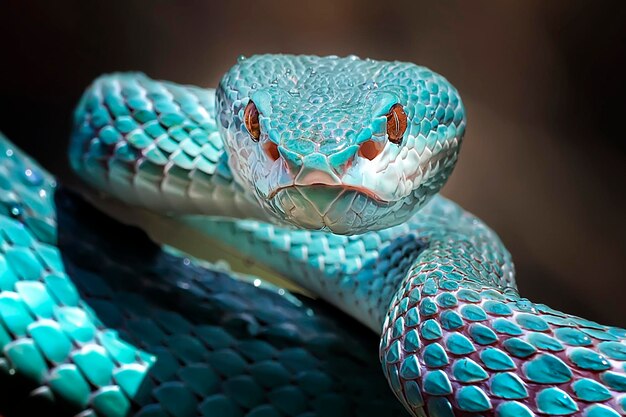 Close up of the exotic and venomous viper snake blue insularis - animal reptile photo series