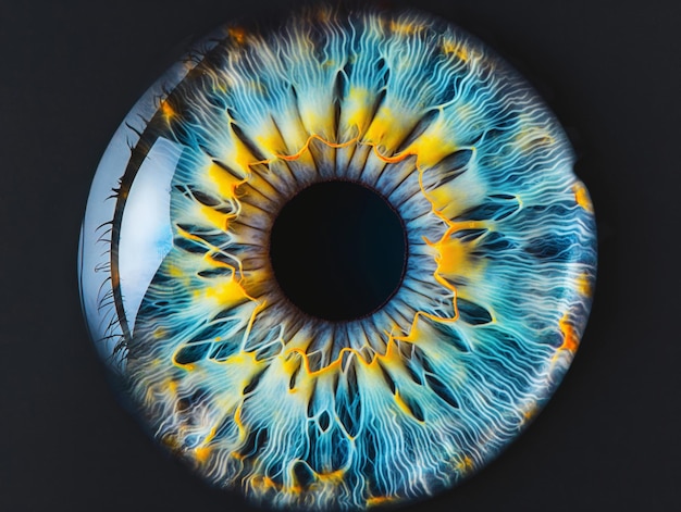 Close up of eye iris on black background