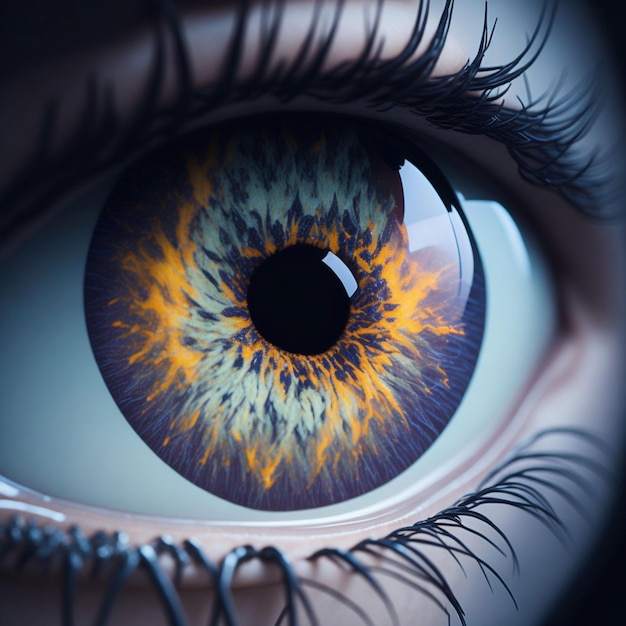 A close up of an eye with a blue iris and the word on the left side