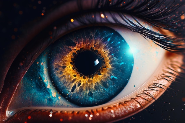 Close up of an eye with blue and orange colors Generative AI